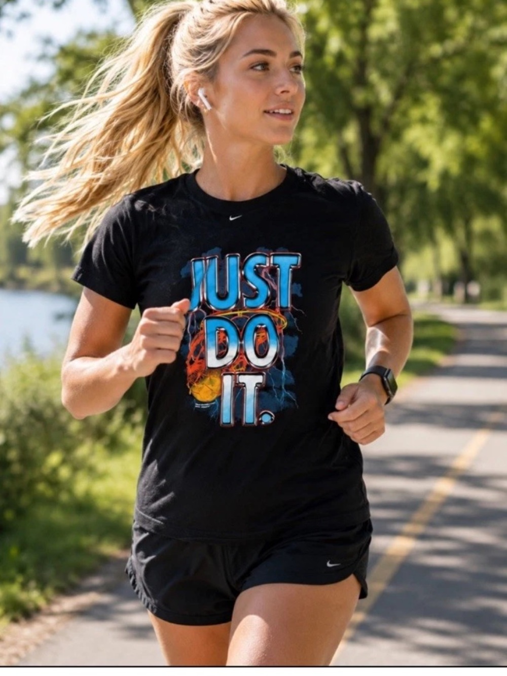 🦋🎯 Nike Black Graphic 'Just Do It.' Tee with Basketball Accents S